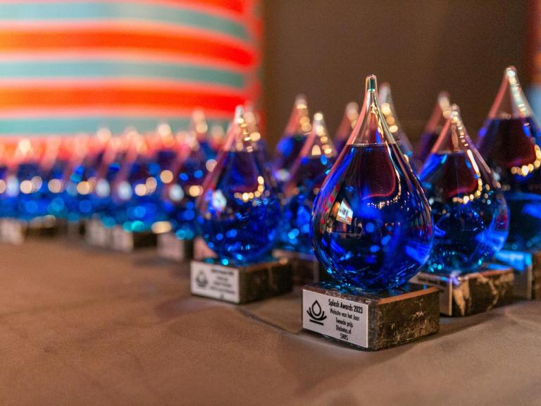 De Splash Award trofeeën gepresenteerd op een tafel